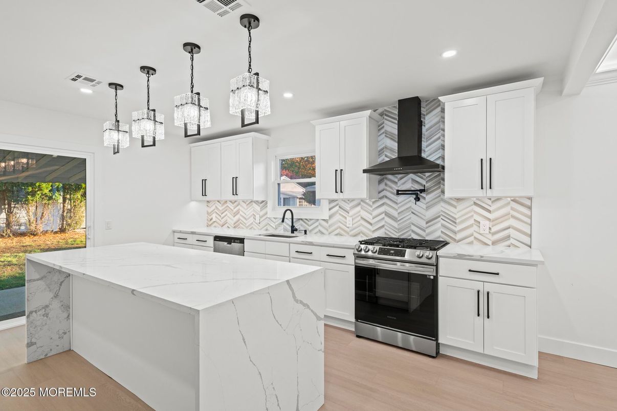 Interior, Kitchen, Pendant Lights, Recessed Lighting, Stainless Steel Appliances, Wood Texture Flooring