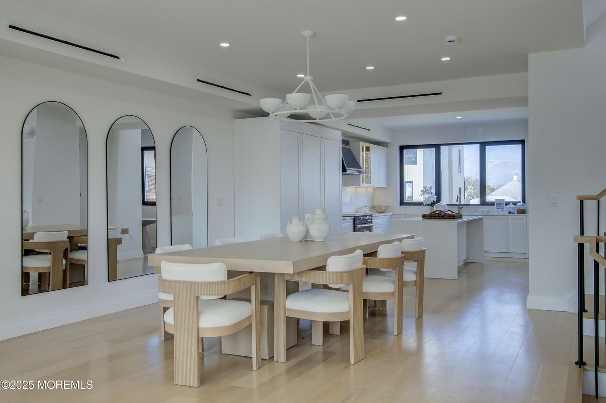 Dining room, Interior, Pendant Lights, Recessed Lighting, Wood Texture Flooring