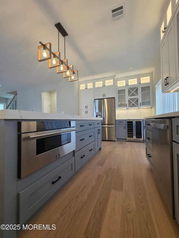 Interior, Kitchen, Pendant Lights, Stainless Steel Appliances, Wood Texture Flooring