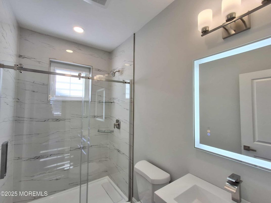 Bathroom, Glass Shower, Interior, Marble Walls, Recessed Lighting