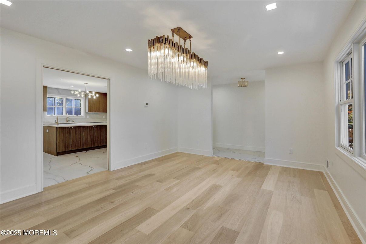 Chandelier, Empty room, Interior, Recessed Lighting, Wood Texture Flooring