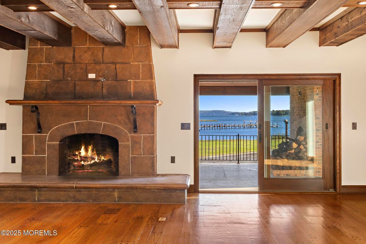 Fireplace, Interior, Recessed Lighting, Water, Wooden Beams, Wood Texture Flooring