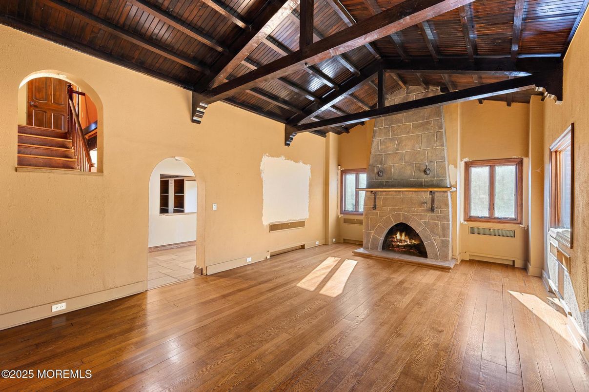 Empty room, Fireplace, Interior, Wooden Beams, Wooden Ceilings, Wood Texture Flooring