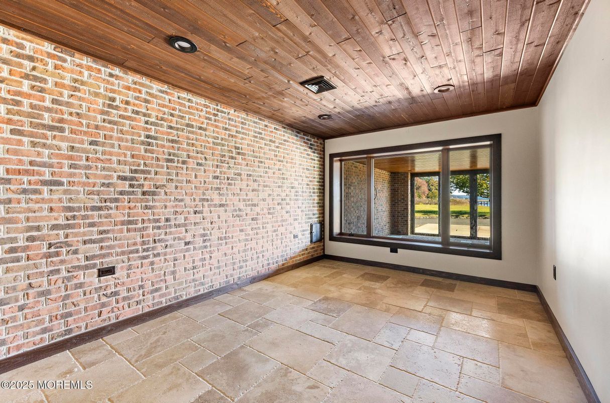 Empty room, Interior, Recessed Lighting, Stone Walls, Wooden Ceilings