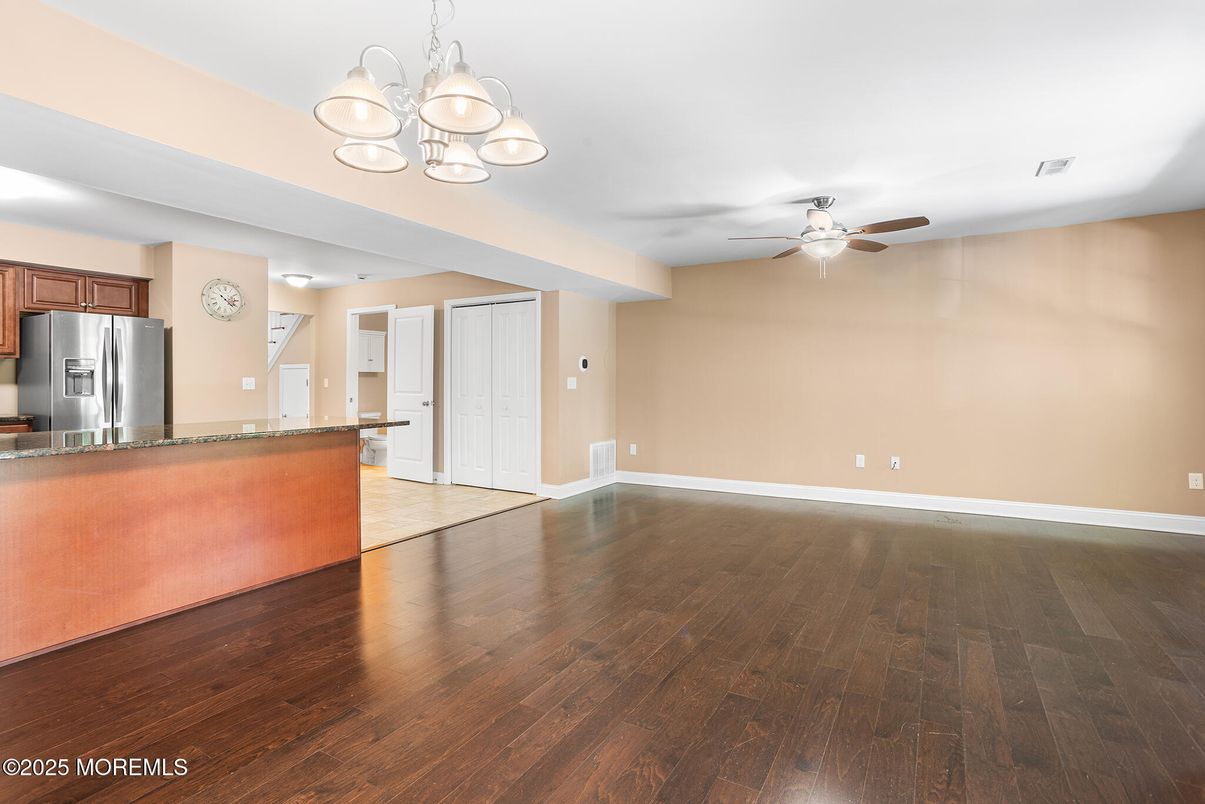 Chandelier, Empty room, Interior, Kitchen, Stainless Steel Appliances, Wood Texture Flooring