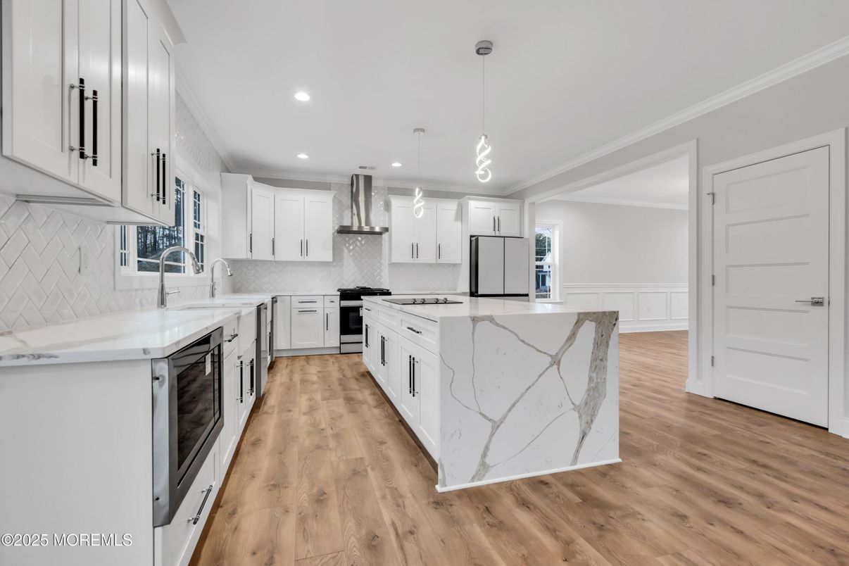 Interior, Kitchen, Pendant Lights, Recessed Lighting, Stainless Steel Appliances, Wood Texture Flooring