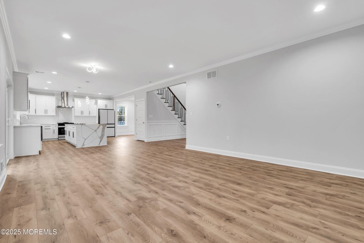 Empty room, Interior, Kitchen, Recessed Lighting, Wood Texture Flooring