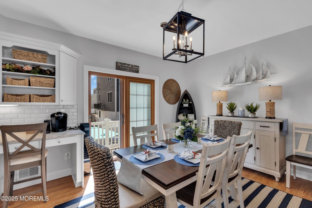 Dining room, Interior, Pendant Lights, Wood Texture Flooring