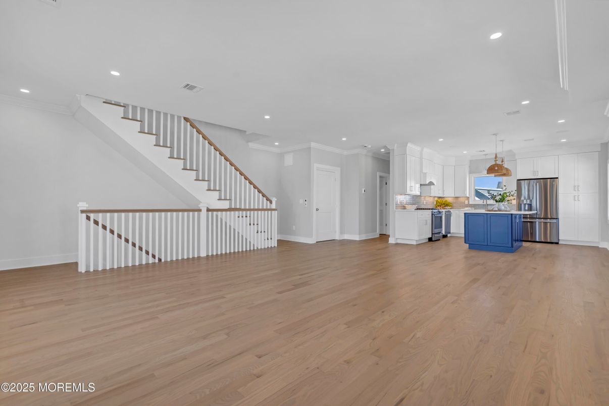 Interior, Kitchen, Pendant Lights, Recessed Lighting, Stainless Steel Appliances, Wood Texture Flooring
