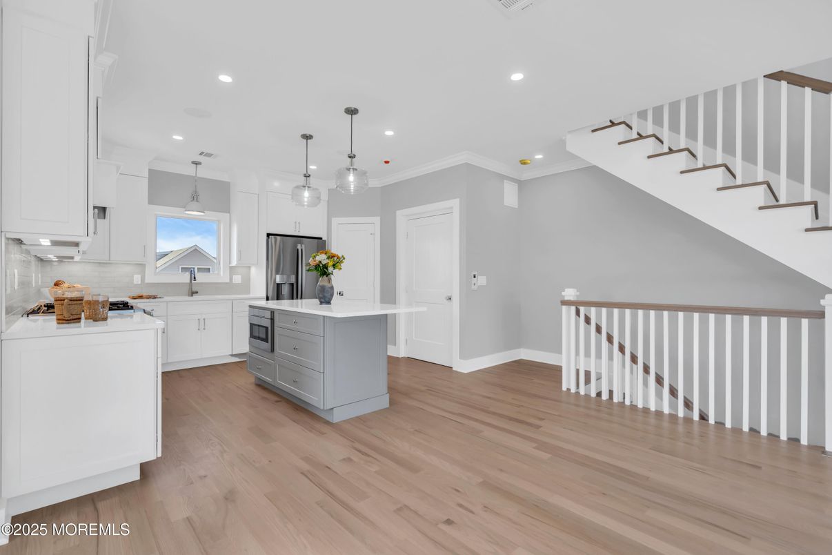 Interior, Kitchen, Pendant Lights, Recessed Lighting, Stainless Steel Appliances, Wood Texture Flooring