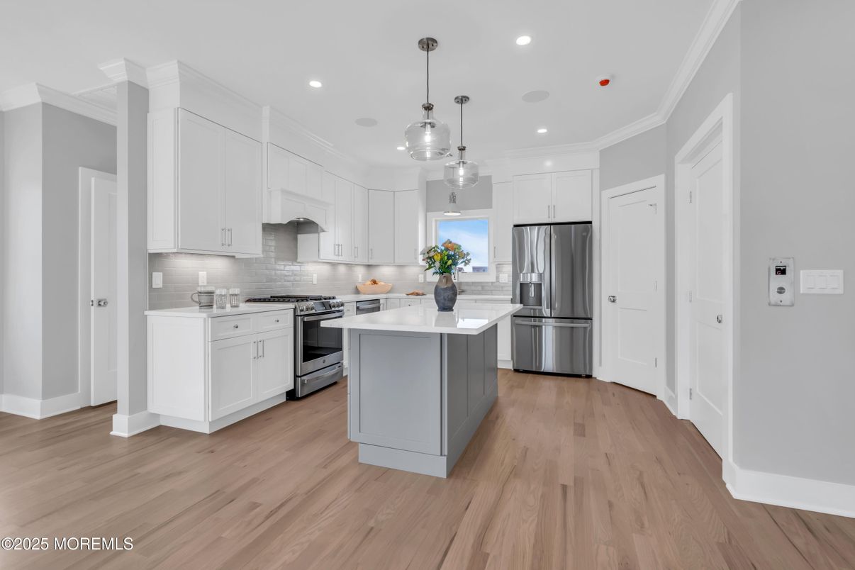 Interior, Kitchen, Pendant Lights, Recessed Lighting, Stainless Steel Appliances, Wood Texture Flooring