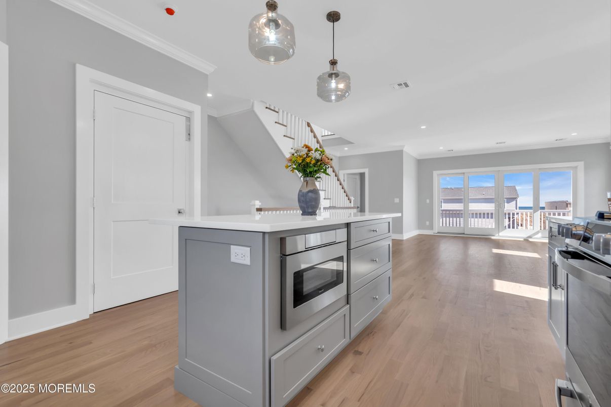 Interior, Kitchen, Pendant Lights, Recessed Lighting, Stainless Steel Appliances, Wood Texture Flooring