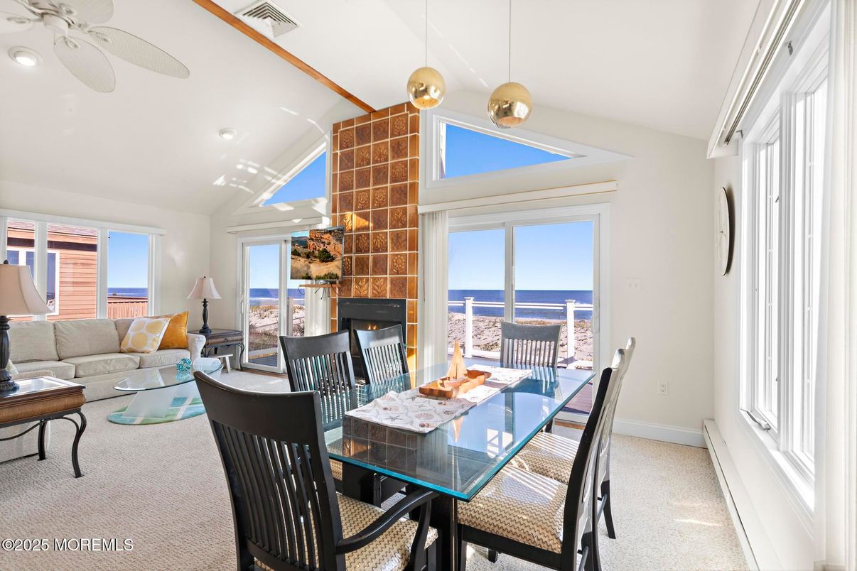 Dining room, Fireplace, Interior, Living room, Pendant Lights, Recessed Lighting, Water