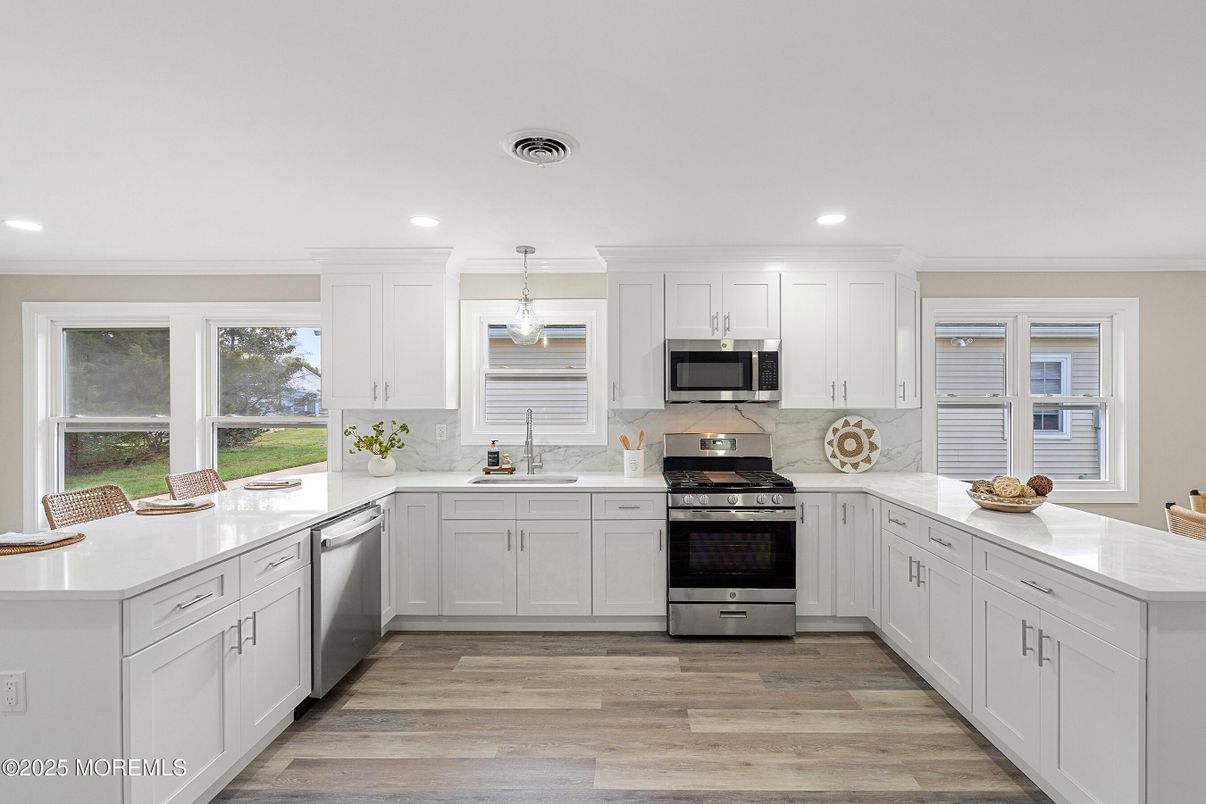 Interior, Kitchen, Pendant Lights, Recessed Lighting, Stainless Steel Appliances, Wood Texture Flooring