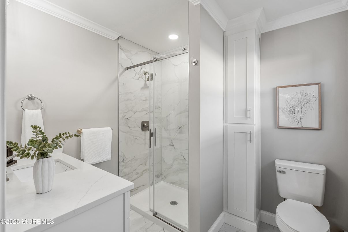 Bathroom, Glass Shower, Interior, Marble, Marble Walls, Recessed Lighting