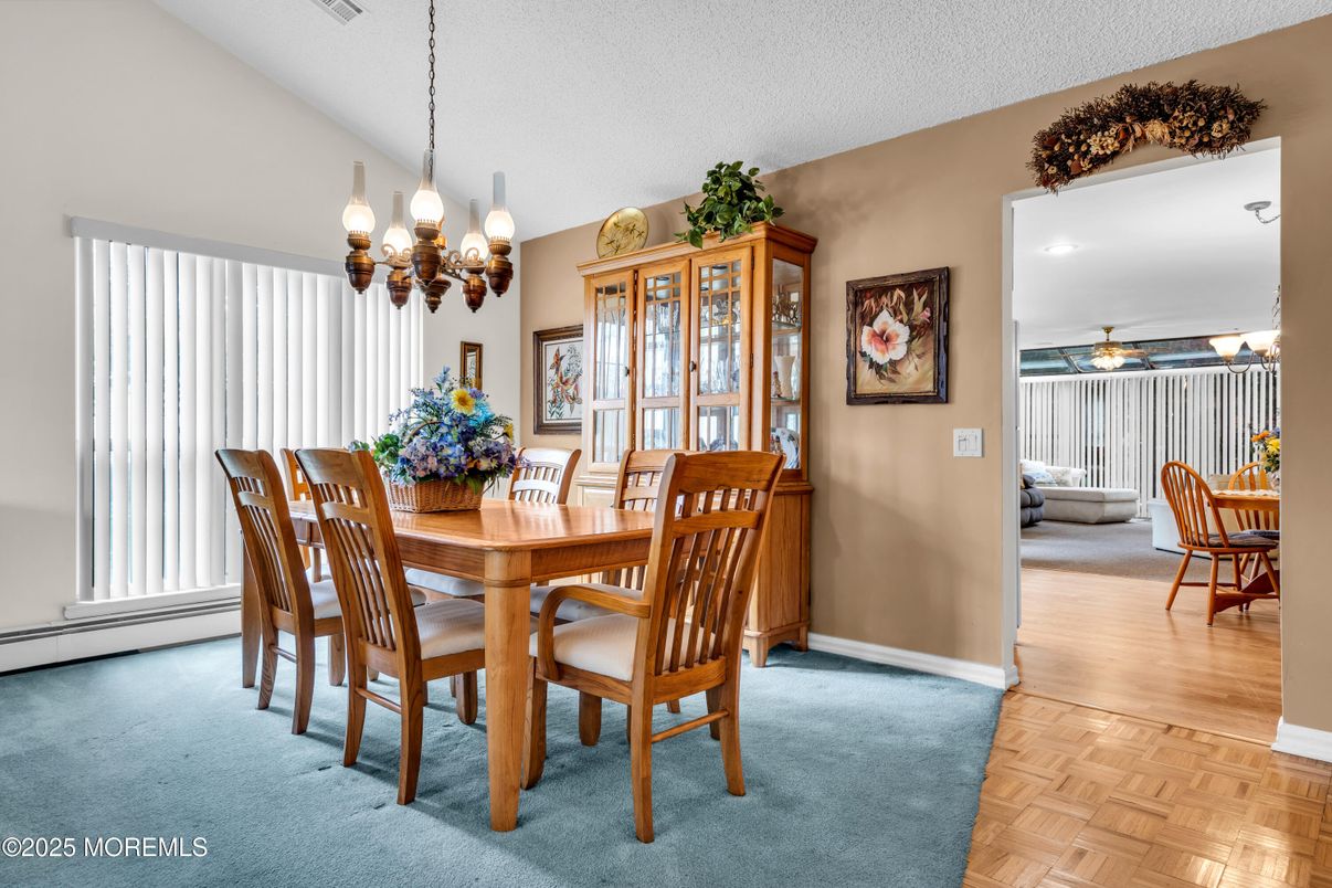 Chandelier, Dining room, Interior, Recessed Lighting, Wood Texture Flooring