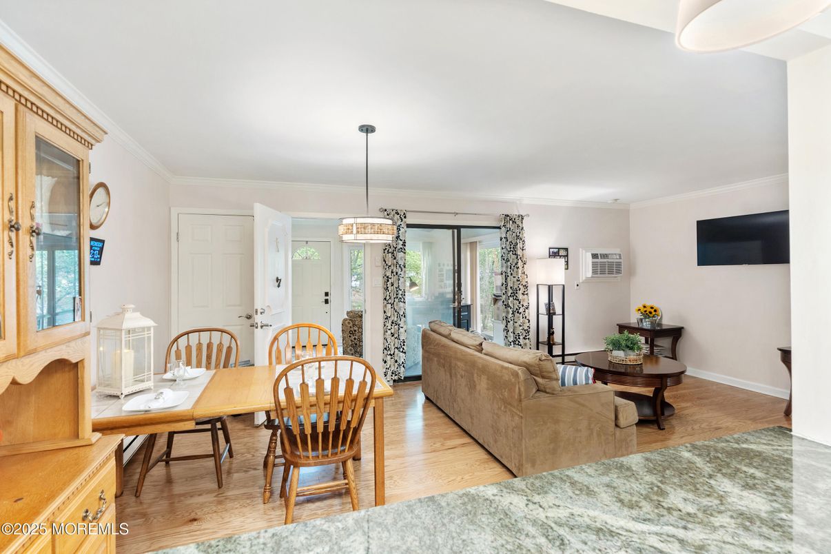 Dining room, Interior, Living room, Pendant Lights, Wood Texture Flooring