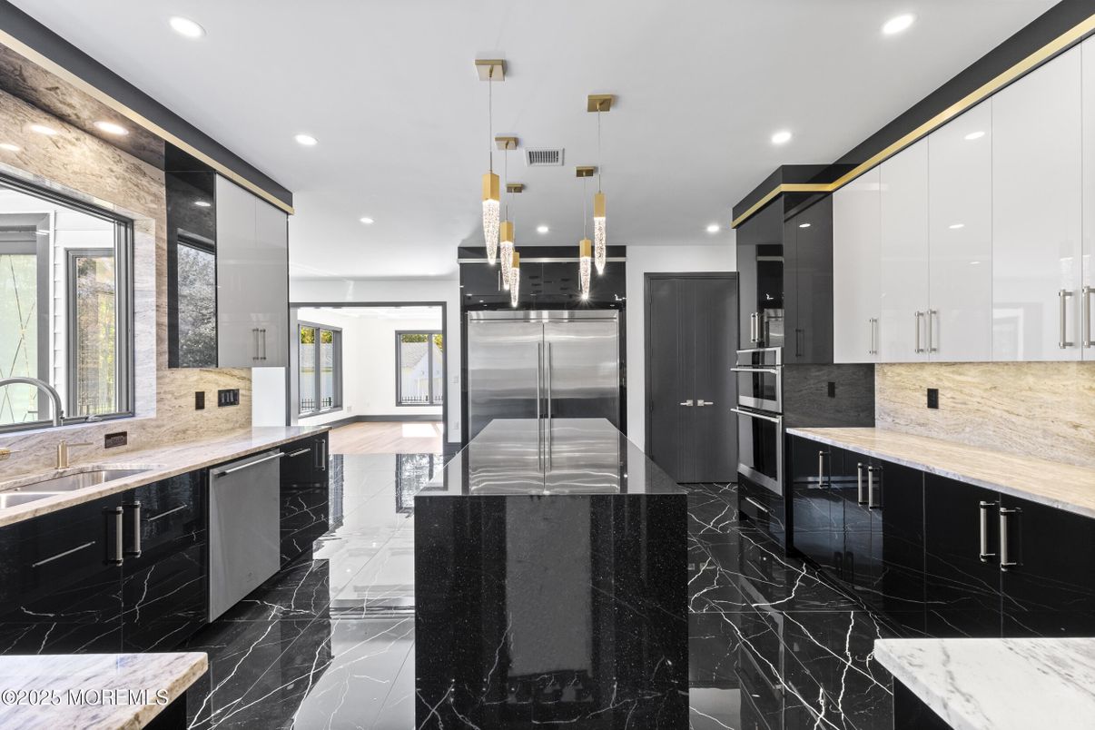 Interior, Kitchen, Marble, Pendant Lights, Recessed Lighting, Stainless Steel Appliances