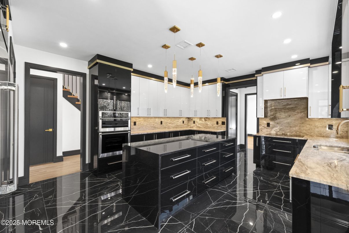 Interior, Kitchen, Marble, Pendant Lights, Recessed Lighting, Stainless Steel Appliances
