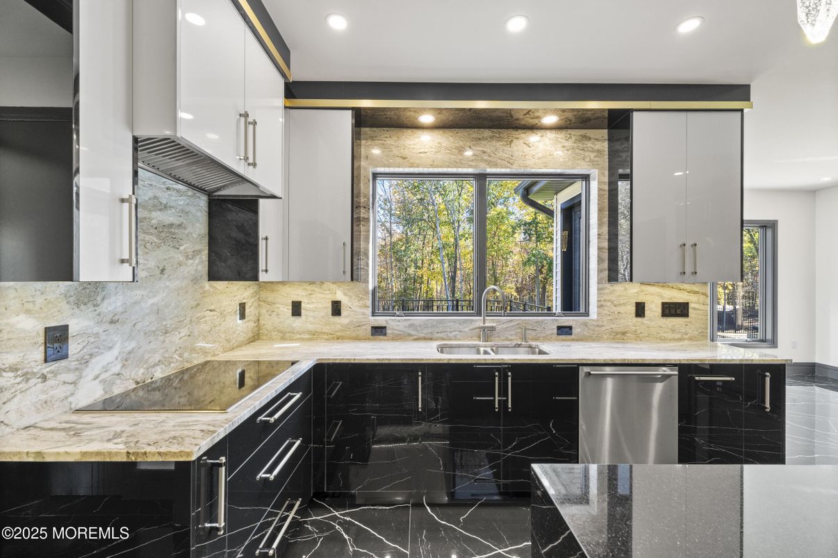 Interior, Kitchen, Marble, Recessed Lighting, Stainless Steel Appliances, Stone Walls