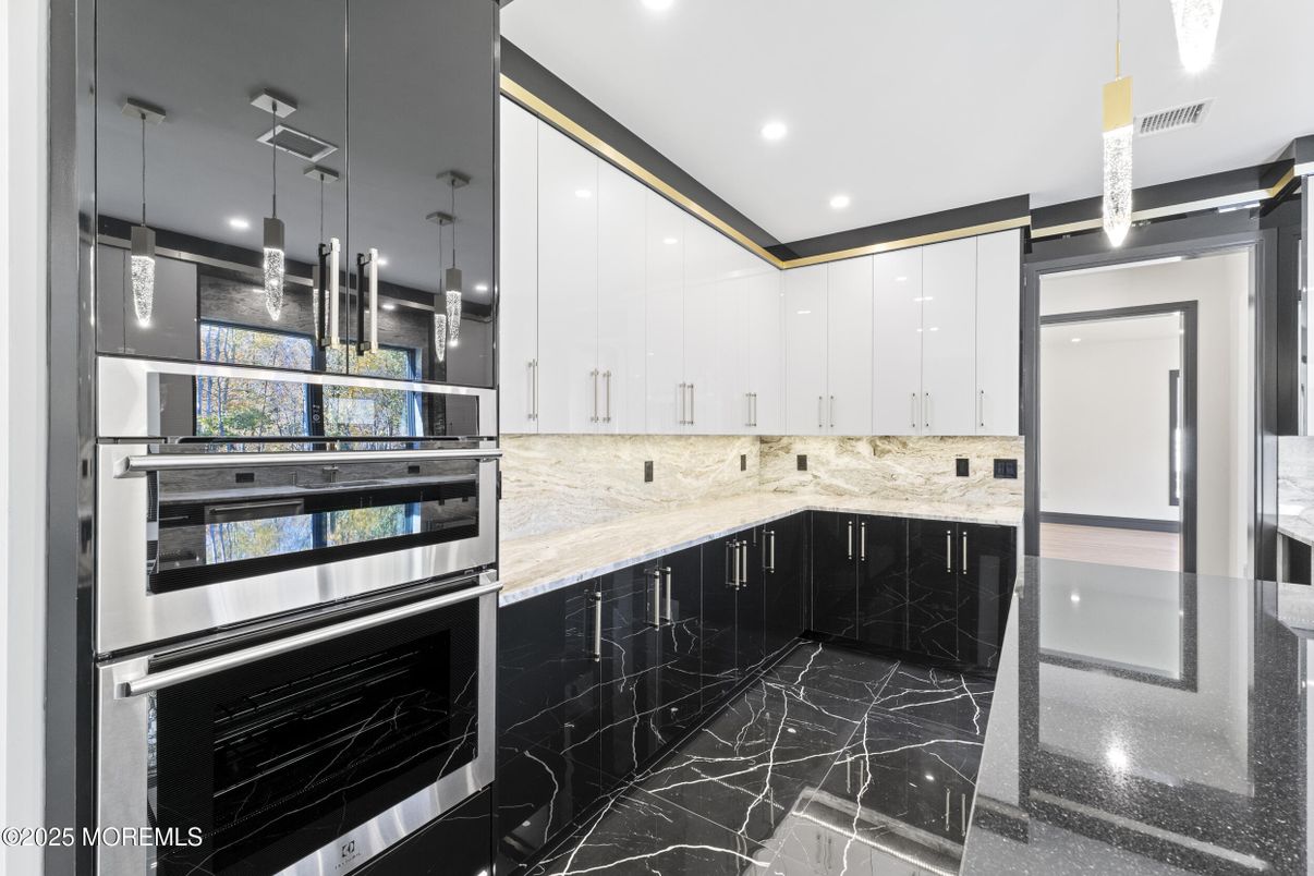 Interior, Kitchen, Marble, Pendant Lights, Recessed Lighting, Stainless Steel Appliances