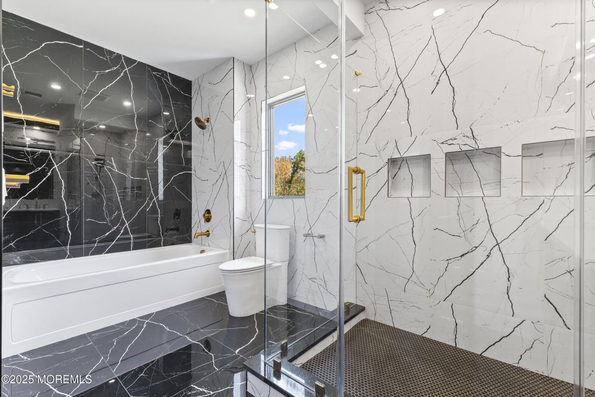Bathroom, Glass Shower, Interior, Marble, Marble Walls, Recessed Lighting