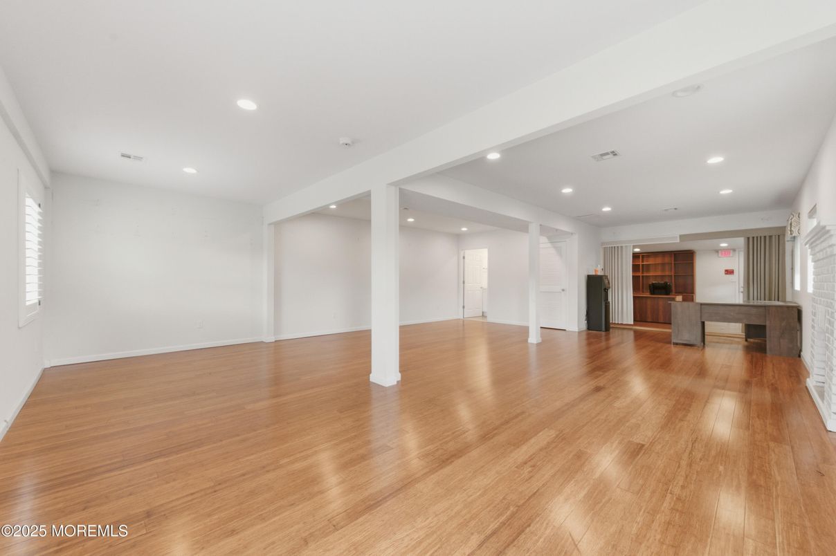 Empty room, Fireplace, Interior, Recessed Lighting, Wood Texture Flooring