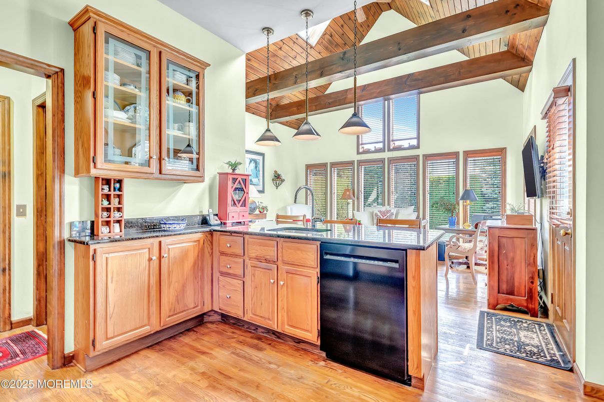 Interior, Kitchen, Pendant Lights, Wooden Beams, Wood Texture Flooring