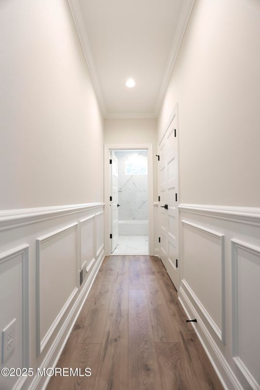 Bathroom, Interior, Marble Walls, Recessed Lighting, Wood Texture Flooring