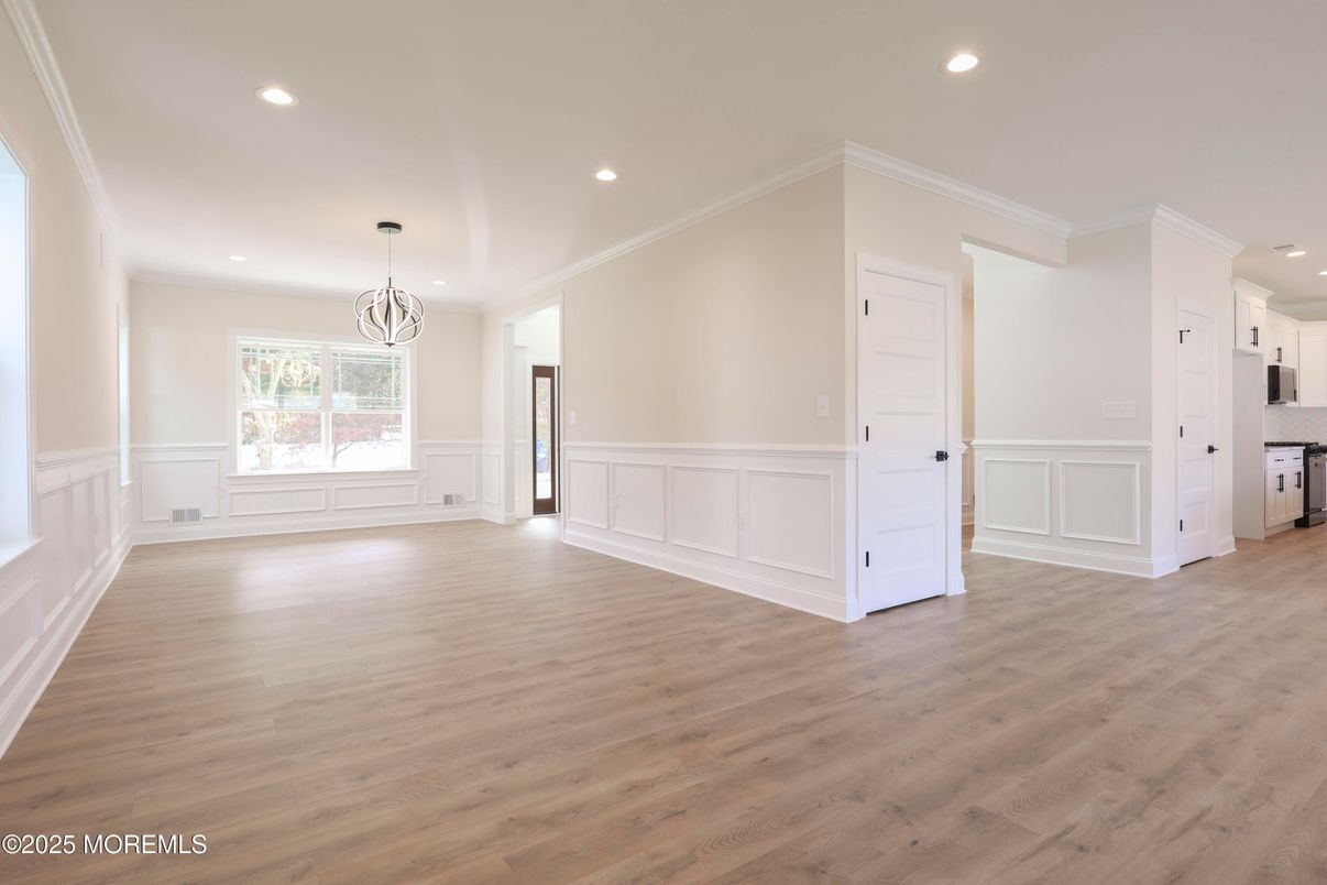 Chandelier, Empty room, Interior, Kitchen, Pendant Lights, Recessed Lighting, Wood Texture Flooring