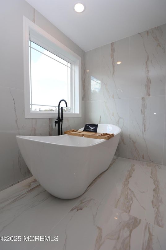 Bathroom, Free Standing Baths, Interior, Marble, Marble Walls, Recessed Lighting
