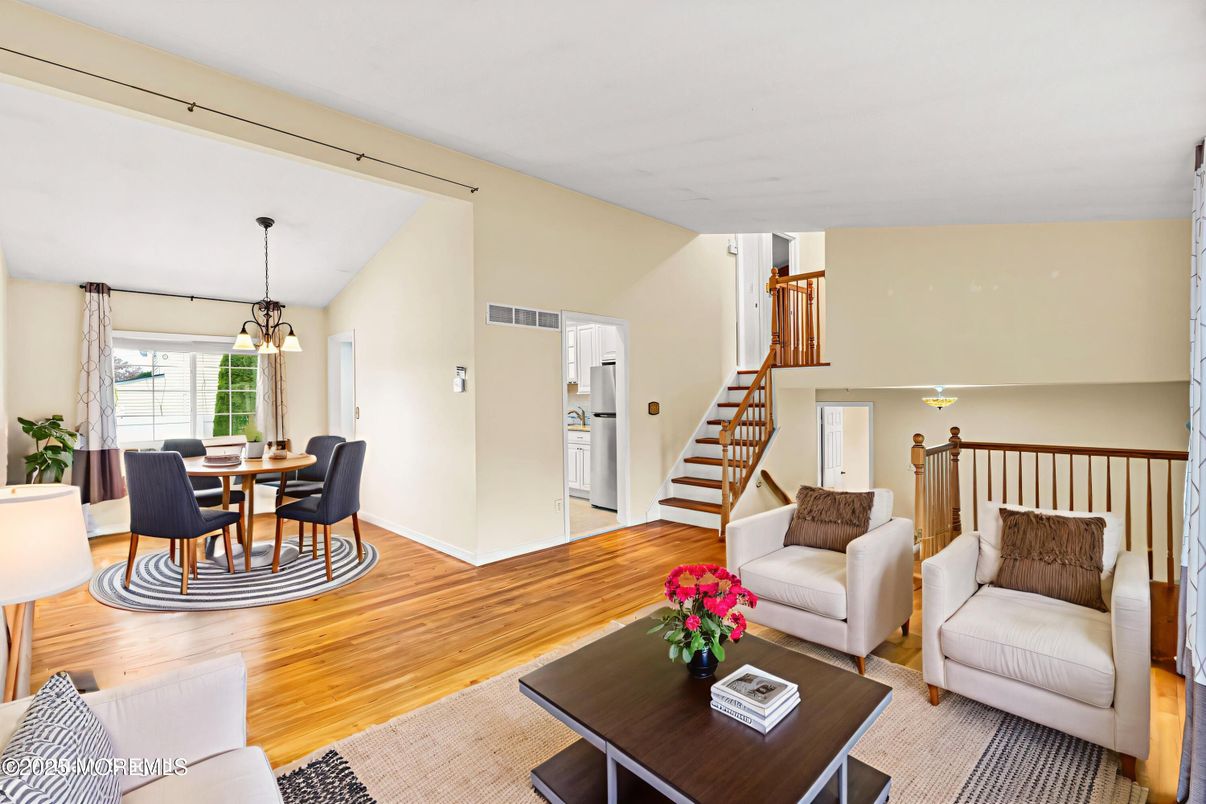 Dining room, Interior, Living room, Pendant Lights, Wood Texture Flooring