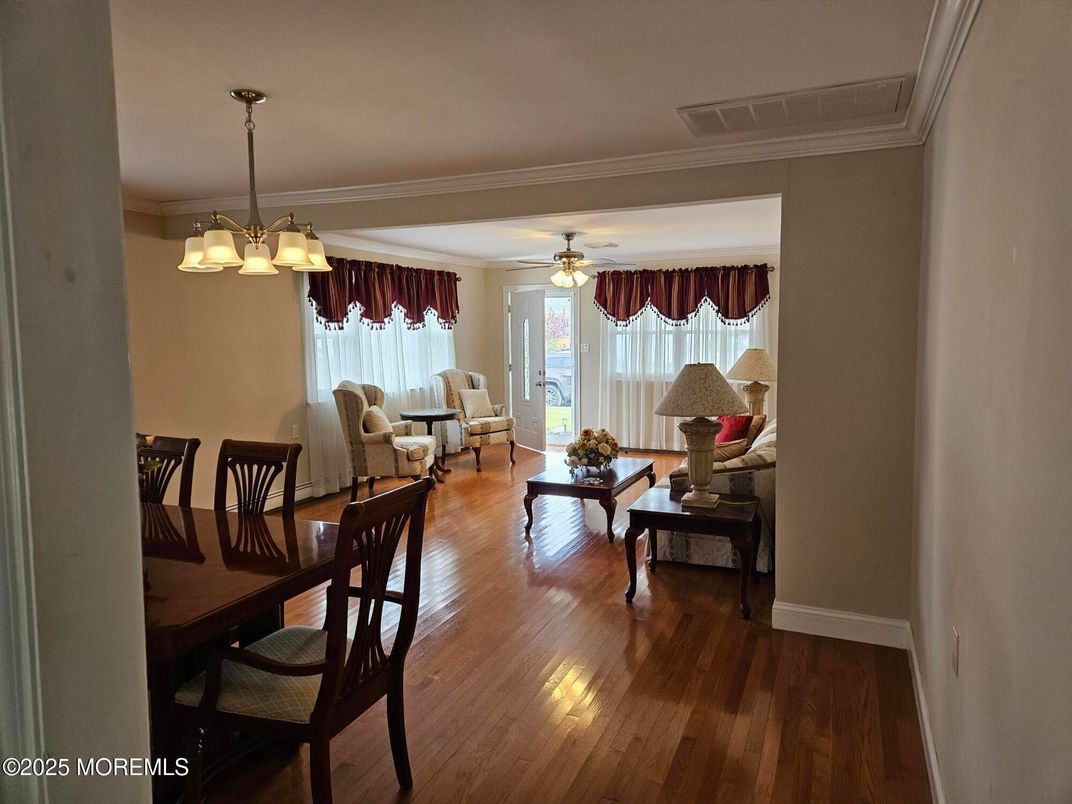 Dining room, Interior, Living room, Pendant Lights, Wood Texture Flooring