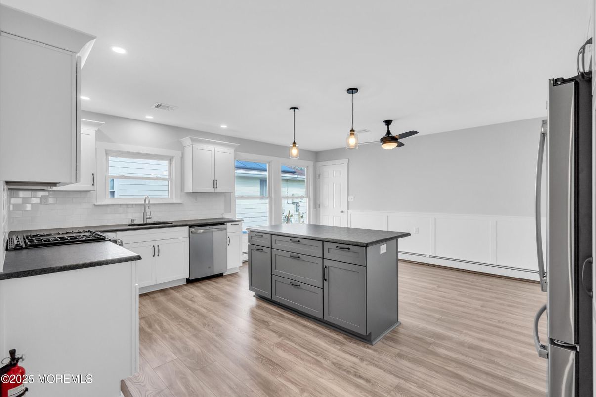 Interior, Kitchen, Pendant Lights, Recessed Lighting, Wood Texture Flooring