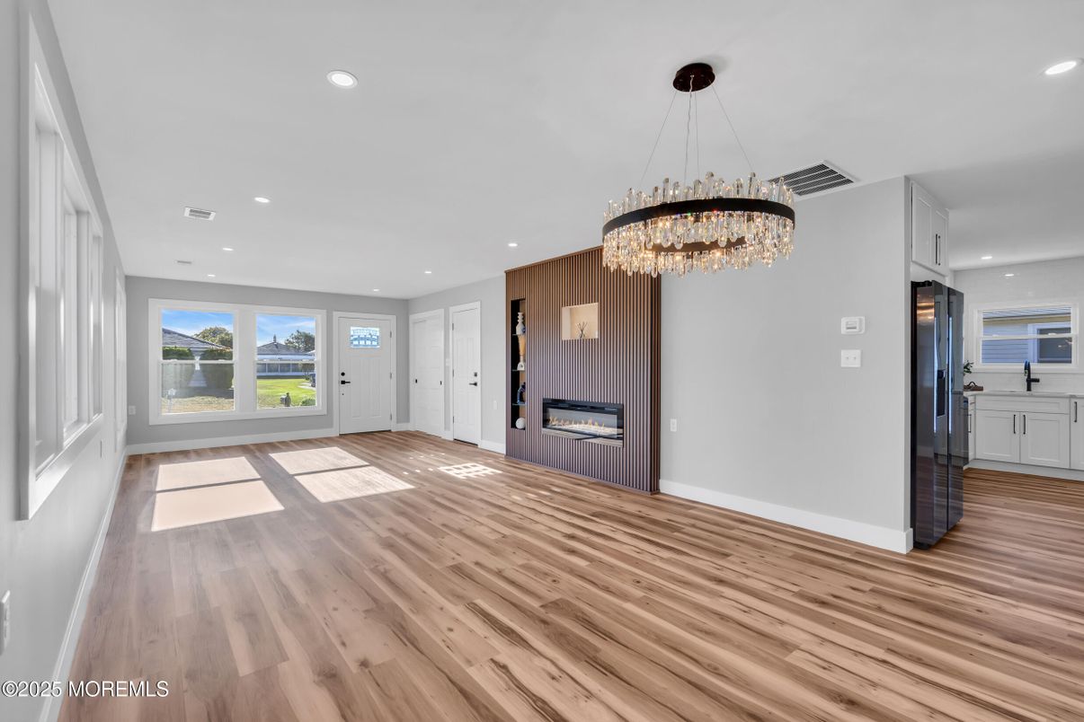 Chandelier, Empty room, Interior, Recessed Lighting, Wood Texture Flooring