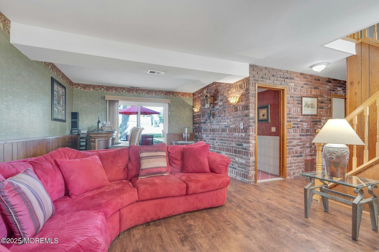 Interior, Living room, Stone Walls, Wood Texture Flooring