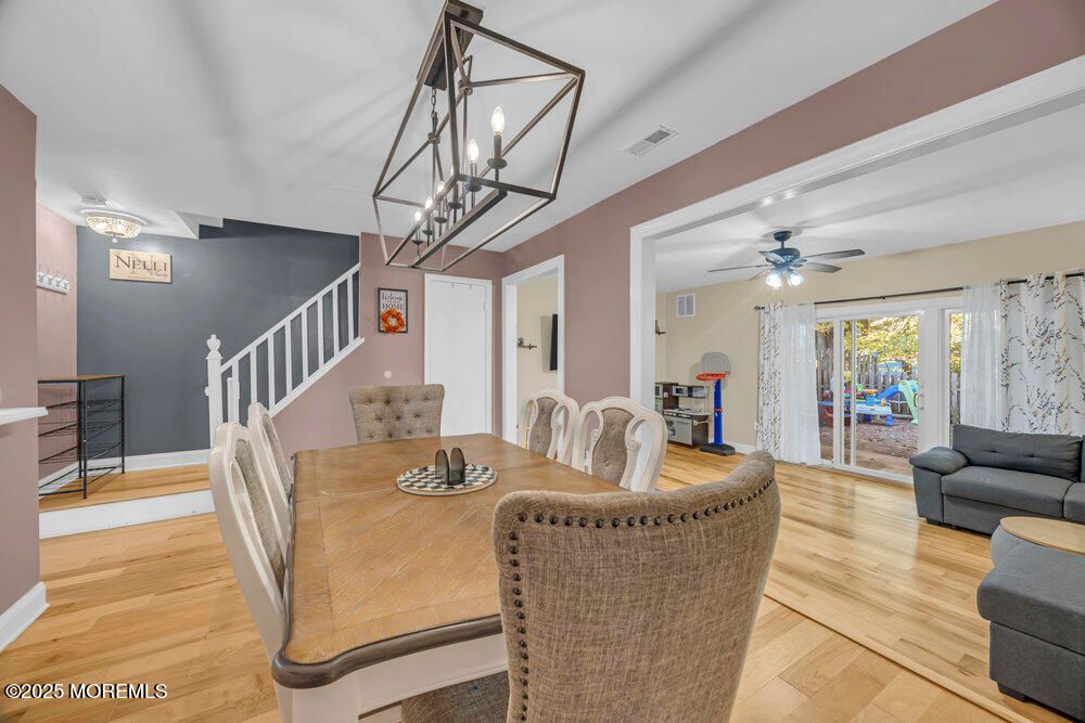 Dining room, Interior, Pendant Lights, Wood Texture Flooring
