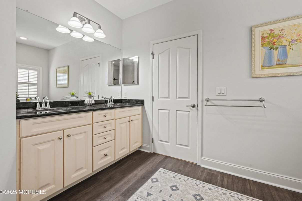Bathroom, Dual Sink Vanities, Interior, Recessed Lighting, Wood Texture Flooring