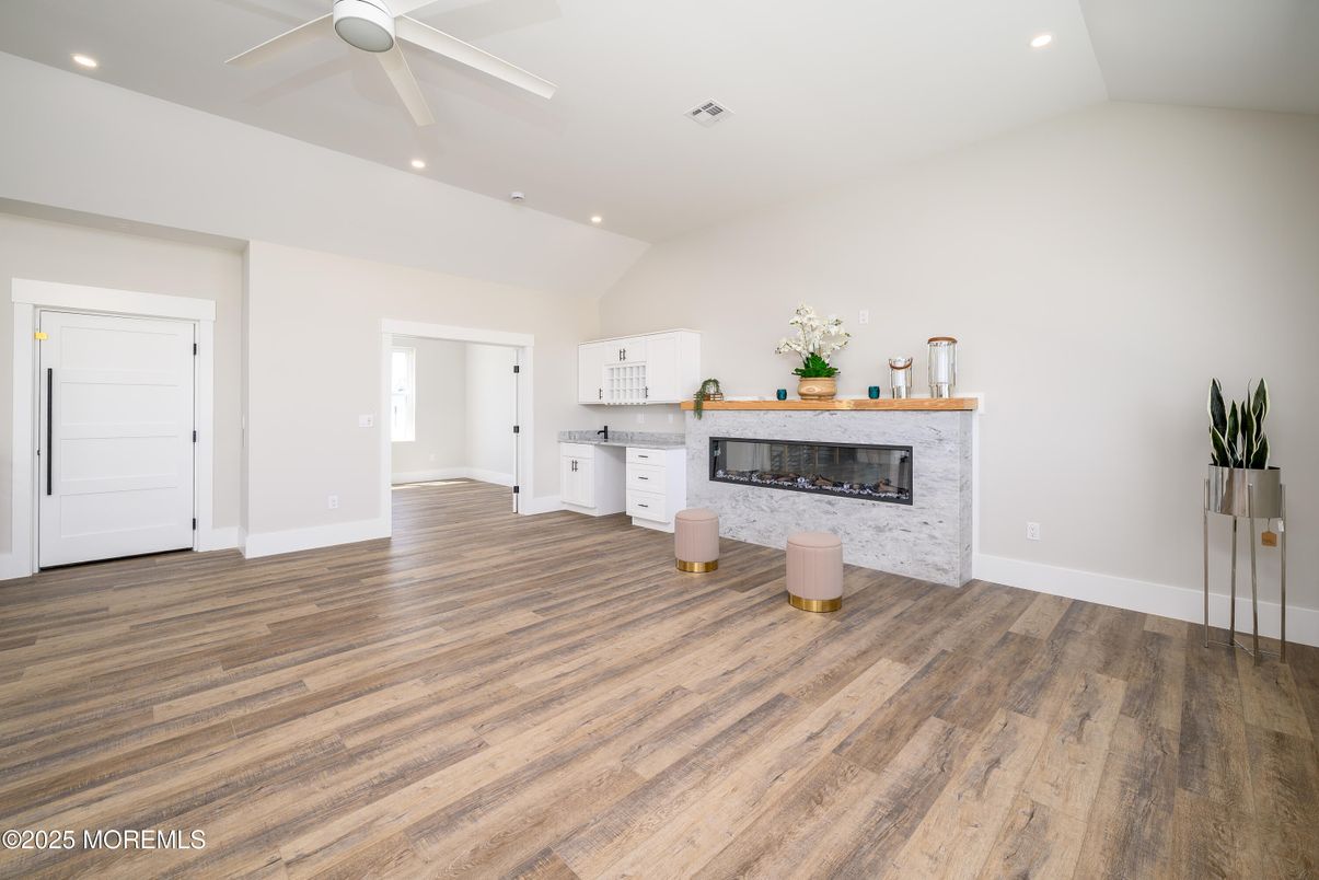 Empty room, Fireplace, Interior, Recessed Lighting, Wood Texture Flooring