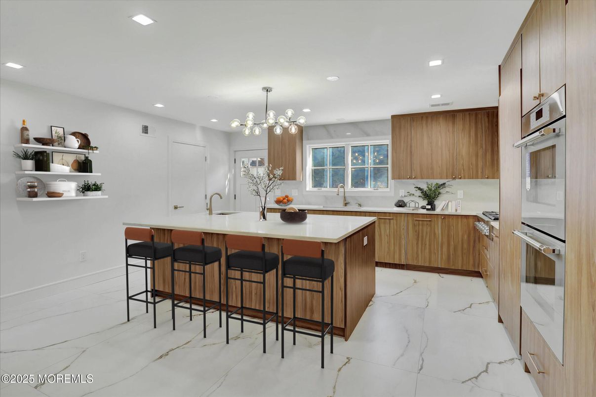 Interior, Kitchen, Marble, Pendant Lights, Recessed Lighting, Stainless Steel Appliances