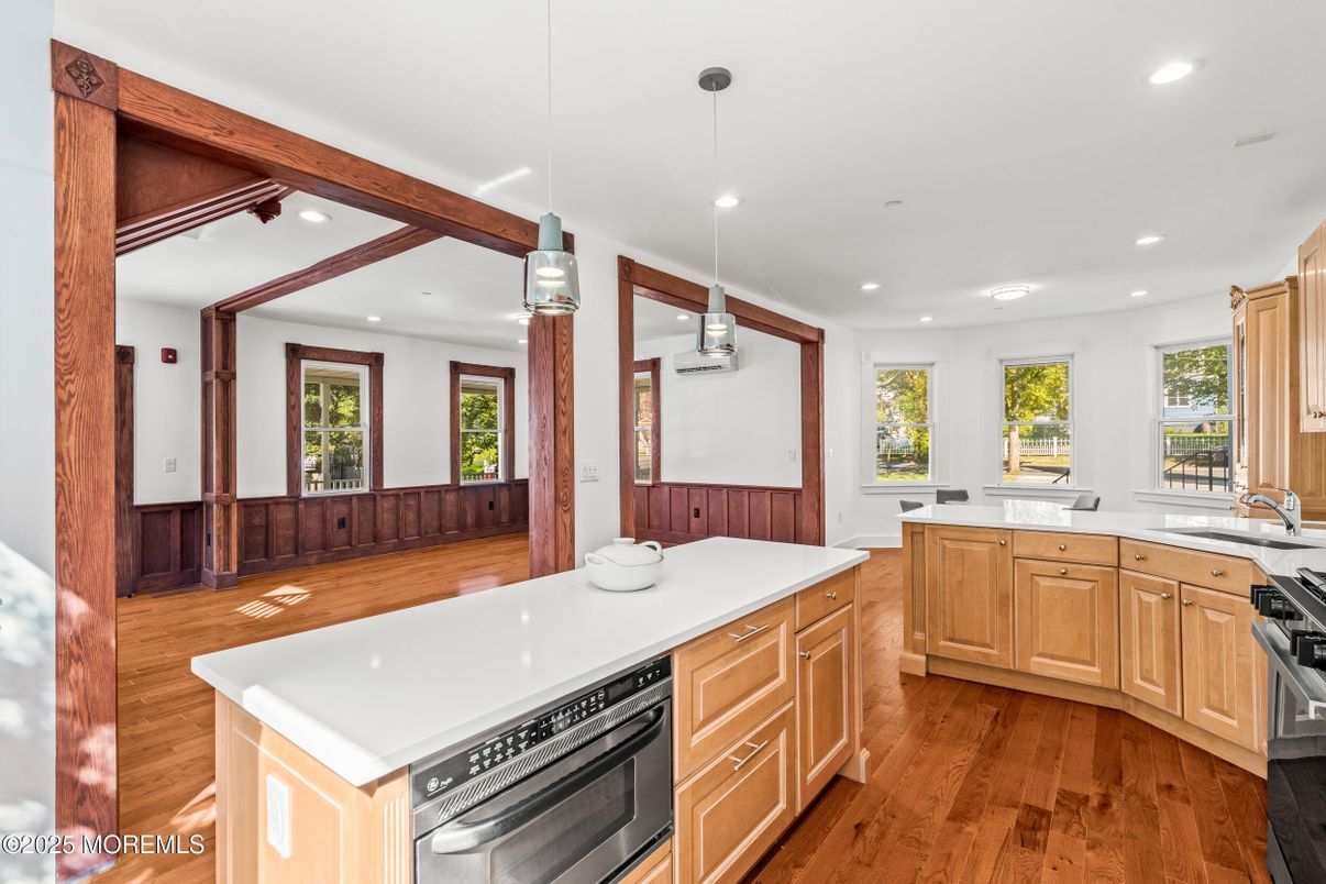 Interior, Kitchen, Pendant Lights, Recessed Lighting, Wooden Beams, Wood Texture Flooring
