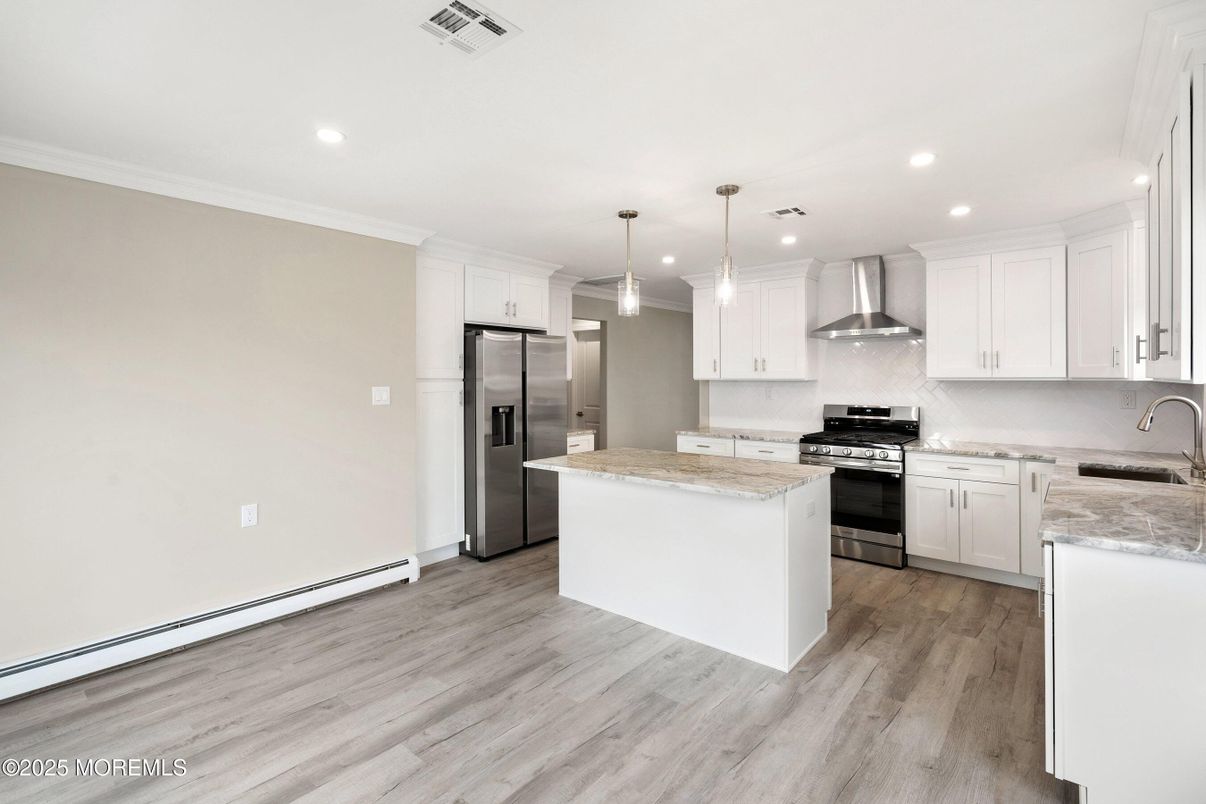 Interior, Kitchen, Pendant Lights, Recessed Lighting, Stainless Steel Appliances, Wood Texture Flooring