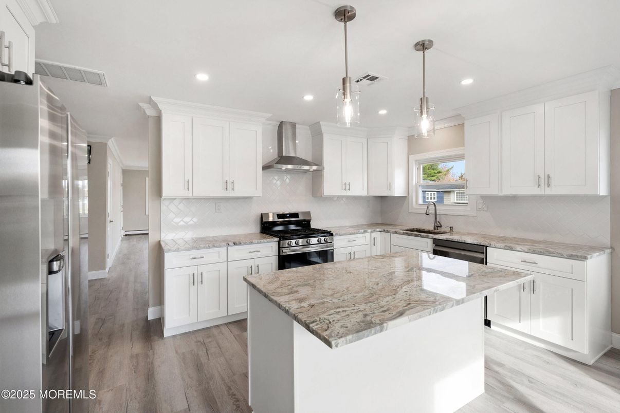 Interior, Kitchen, Pendant Lights, Recessed Lighting, Stainless Steel Appliances, Wood Texture Flooring