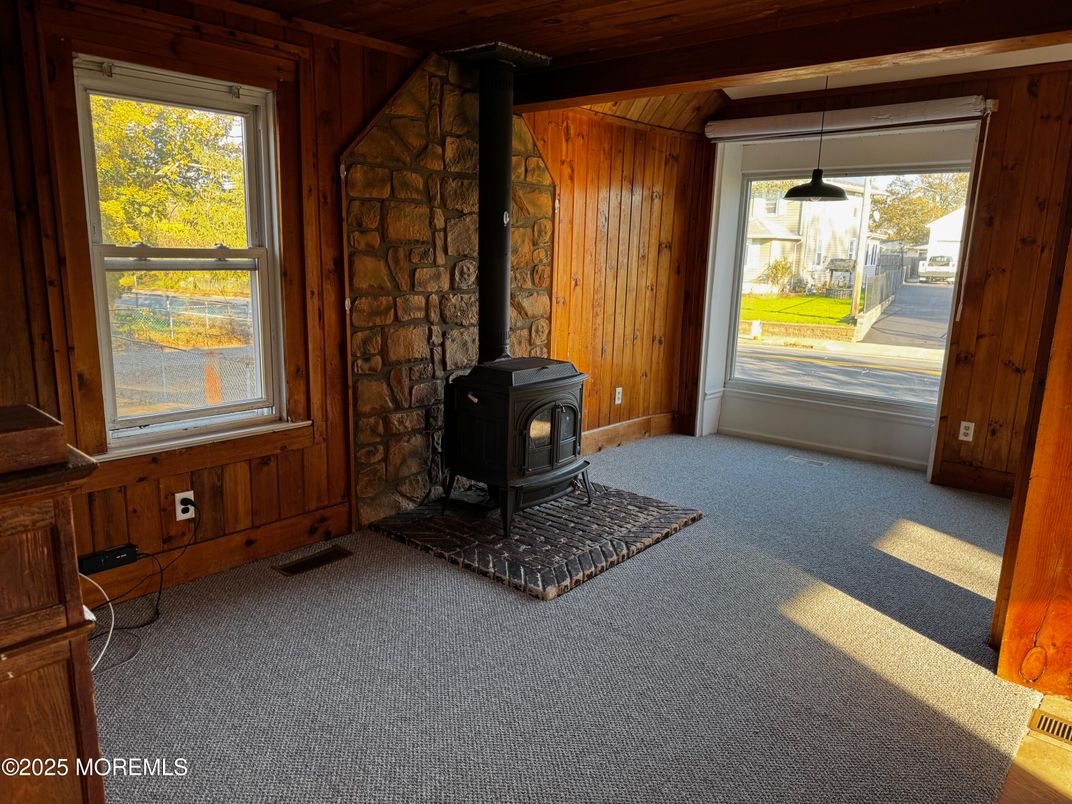 Fireplace, Interior, Pendant Lights, Stone Walls, Wooden Ceilings, Wooden Walls