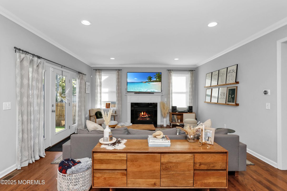 Fireplace, Interior, Living room, Recessed Lighting, Wood Texture Flooring