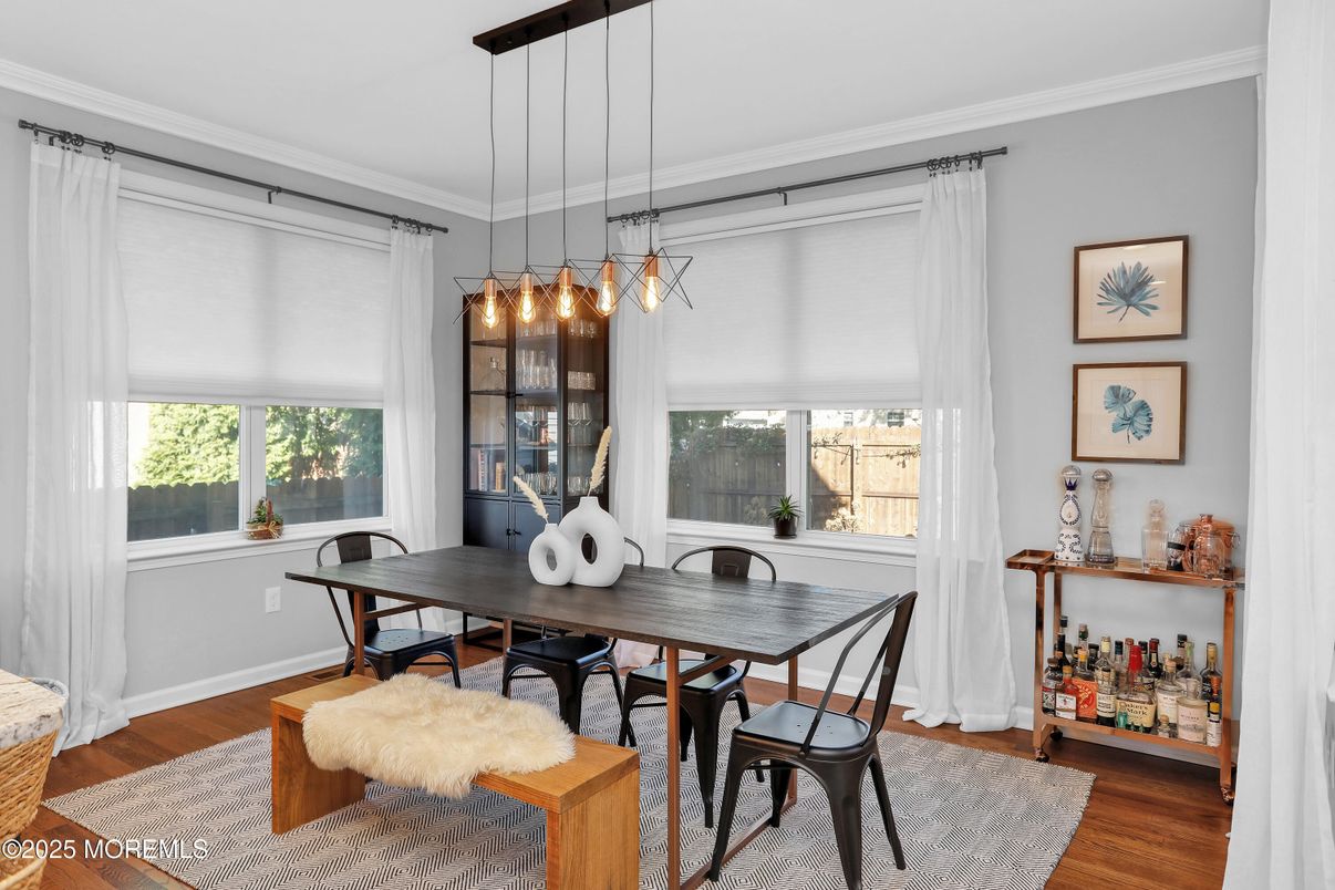 Dining room, Interior, Pendant Lights, Wood Texture Flooring