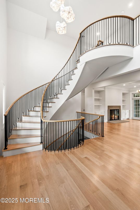 Fireplace, Interior, Pendant Lights, Recessed Lighting, Wood Texture Flooring