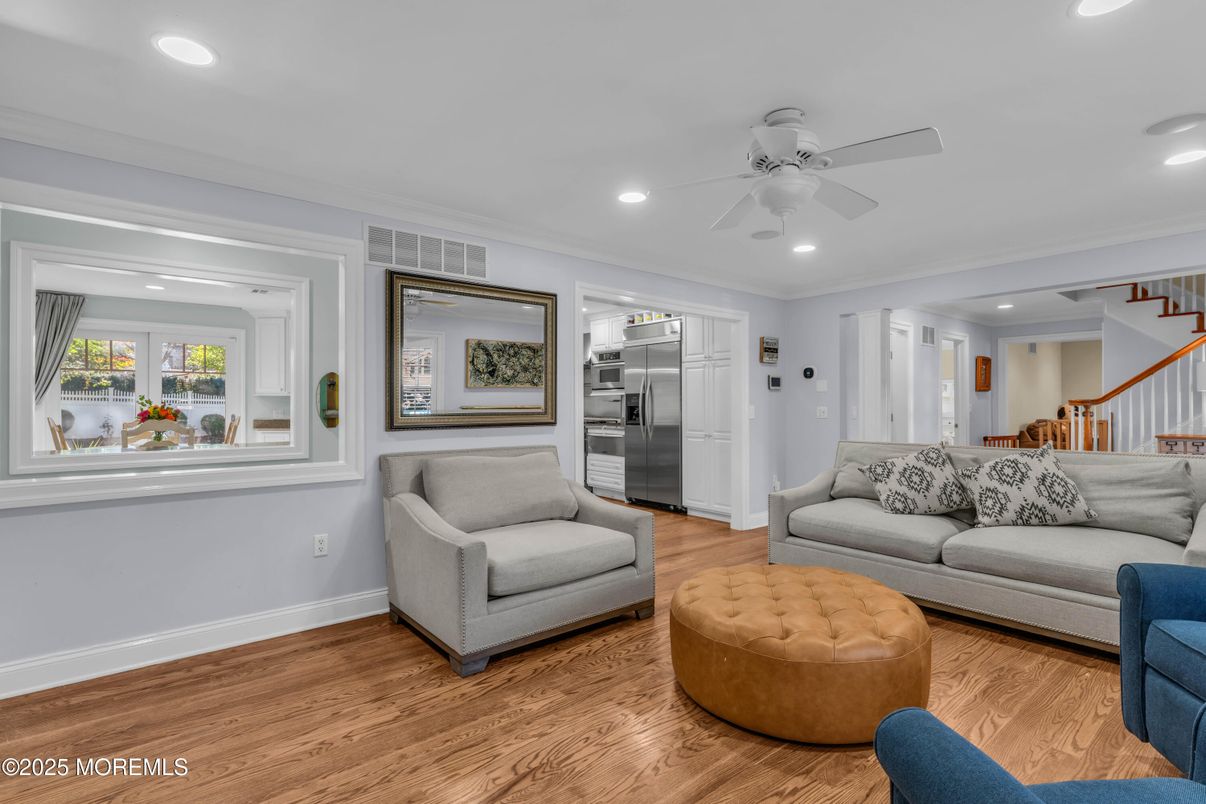 Interior, Living room, Recessed Lighting, Stainless Steel Appliances, Wood Texture Flooring