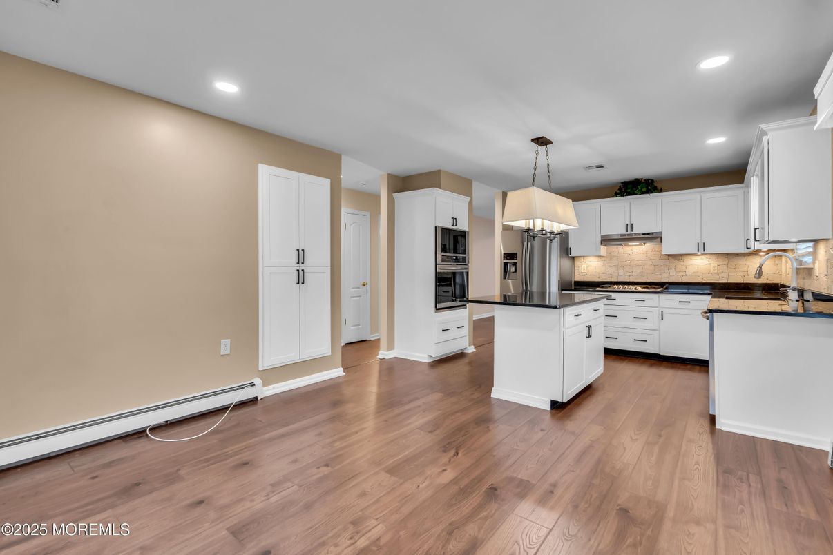 Interior, Kitchen, Pendant Lights, Recessed Lighting, Stainless Steel Appliances, Wood Texture Flooring