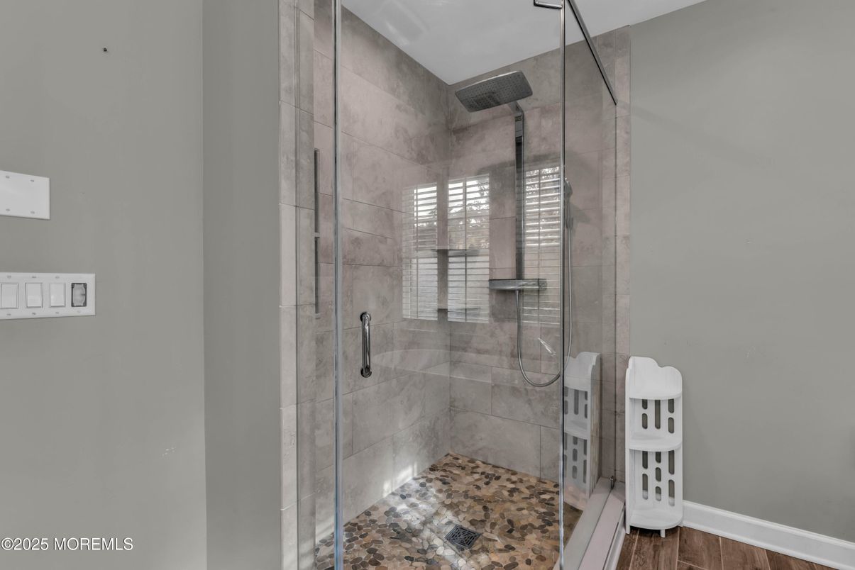 Bathroom, Glass Shower, Interior, Wood Texture Flooring